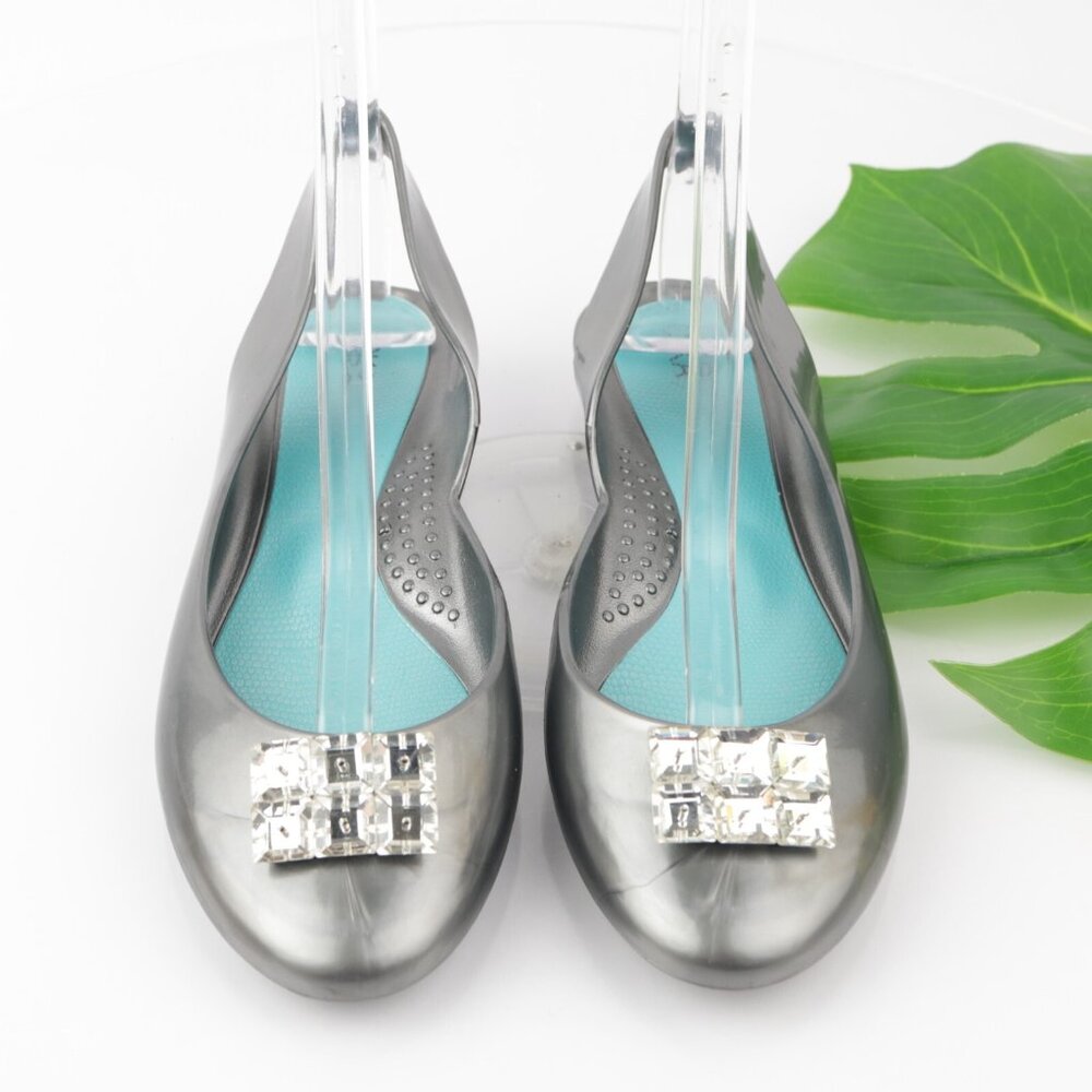 OkaB Okabashi Womens Flats‎ Size 9 Slingback Silver Gray Jelly Shoe Rhinestones